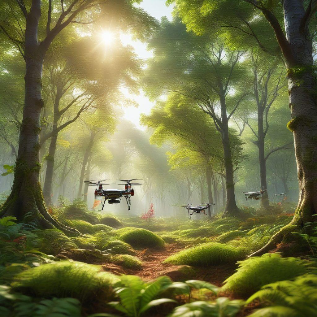 A lush forest being rejuvenated with young saplings, showcasing diverse tree species. Innovative eco-friendly technology like drones planting seeds in the background, while a group of diverse people collaborate on sustainable practices under a bright sky. Elements of nature and technology harmoniously blending together. vibrant colors. super-realistic. eco-themed.