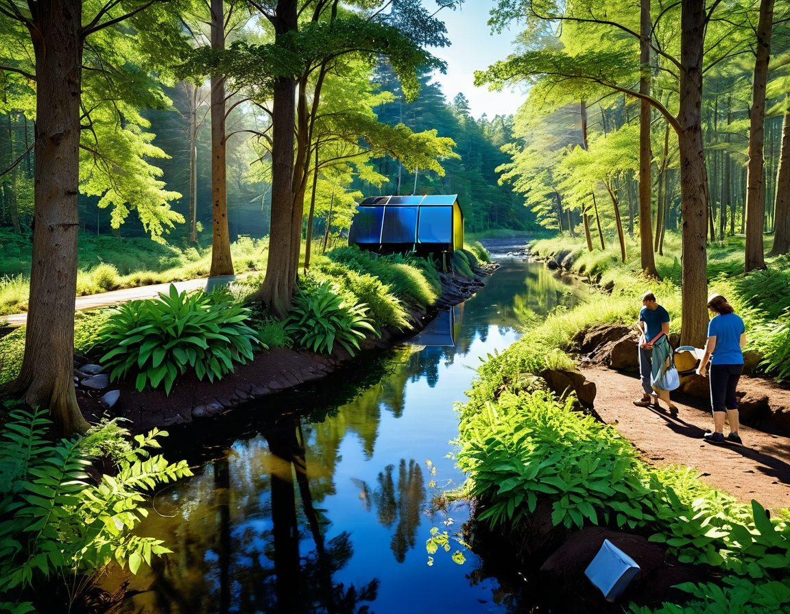 A lush, vibrant forest scene showcasing diverse trees, wildlife, and healthy plant life, with a serene river flowing through it. Include a group of people engaged in sustainable forest management practices, such as planting trees and nurturing the environment. The sky above is clear and bright with sun rays filtering through the leaves, symbolizing hope for a greener future. Include sustainable tools like compost bins and solar panels. super-realistic. vibrant colors. eco-friendly theme.