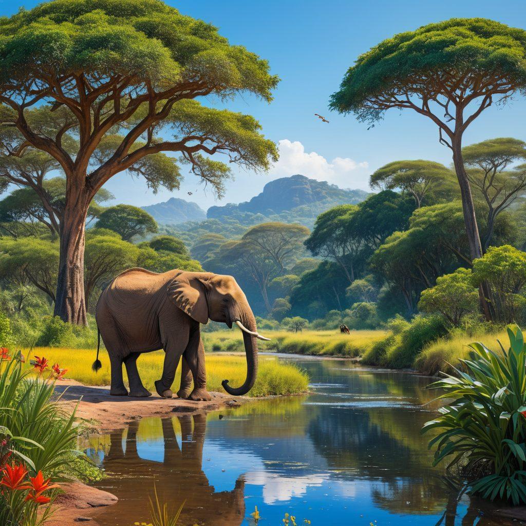 A vibrant landscape showcasing diverse wildlife: a majestic elephant grazing near a waterhole, colorful tropical birds flying overhead, and a serene forest backdrop with lush greenery. Include conservation elements like a ranger observing through binoculars and a signpost indicating protected areas, symbolizing harmony between nature and human efforts in conservation. super-realistic. vibrant colors. nature-focused.